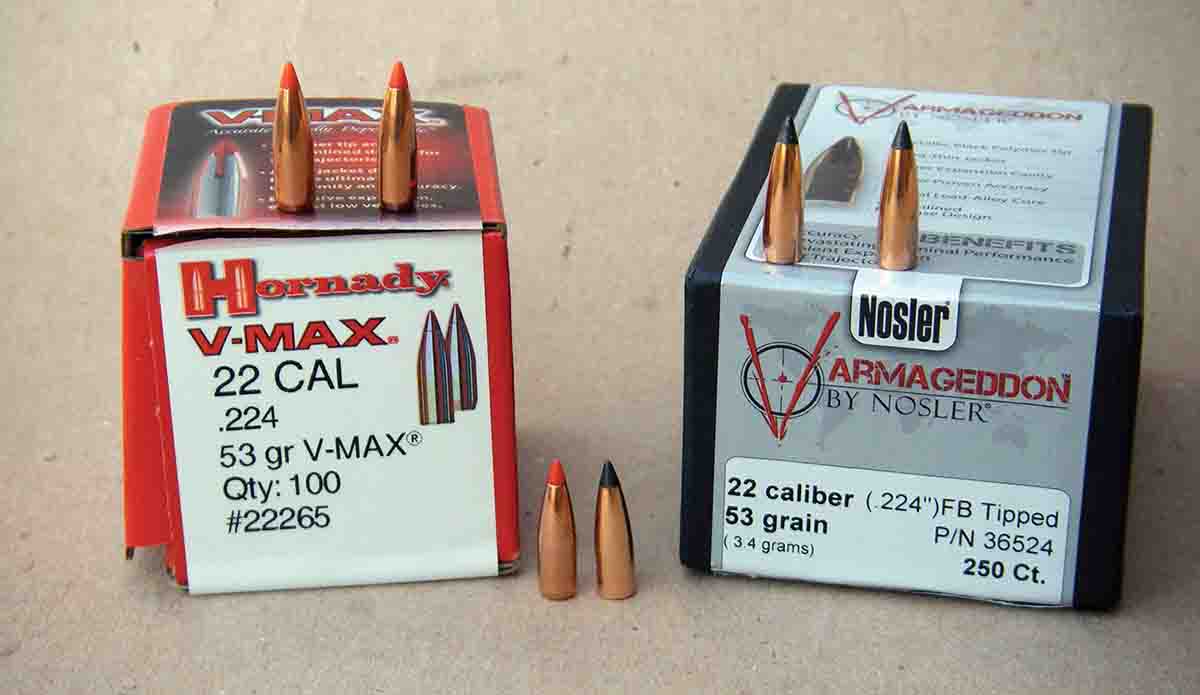 Brian is fond of the high ballistic co-efficient and exceptional terminal performance the Hornady 53-grain V-MAX and Nosler 53-grain Varmageddon bullets provide.